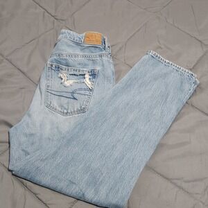 American Eagle Jeans Women's 4 Mom Straight High Rise Distressed Plaid Patch